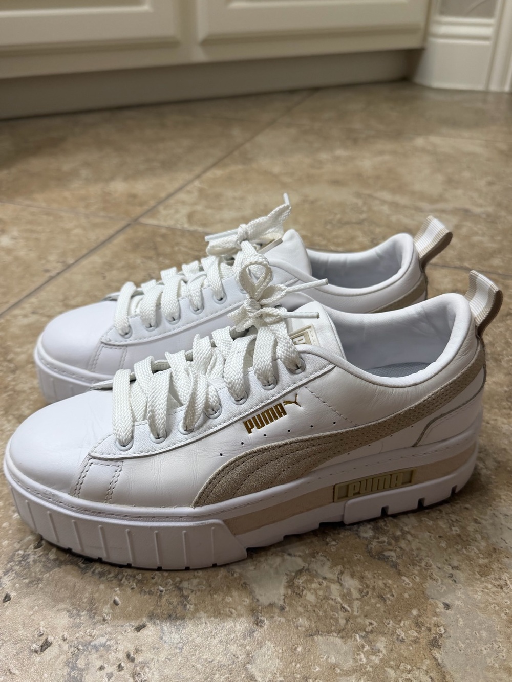 Puma White Sneakers with Tan Accents Platform Sole